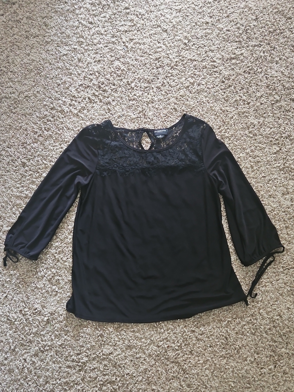 Liz Claiborne Black Lace Yoke 3/4 Sleeve Blouse with Sleeve Ties